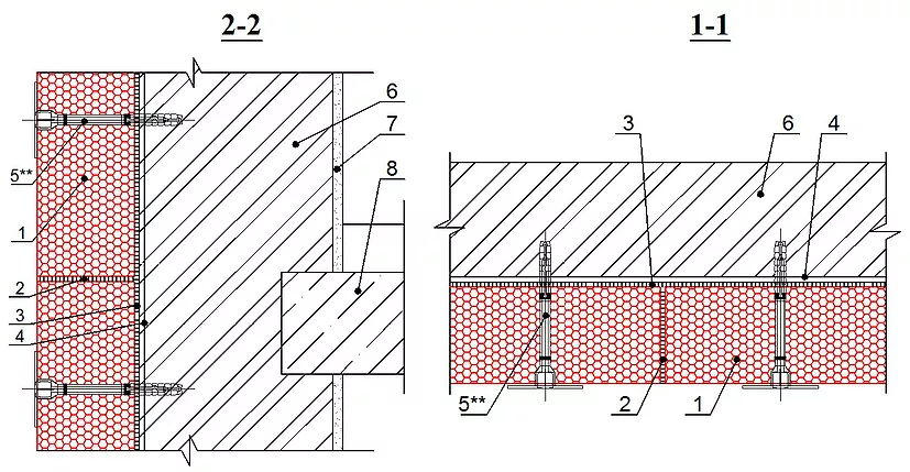 1 - блоки из пеностекла; 2 - заполнение швов герметиком; 3 - клеевой состав; 4 - праймер для клеевого состава; 5 - тарельчатый дюбель; 6 -несущая стена; 7 - внутренняя отделка; 8 - плита перекрытия