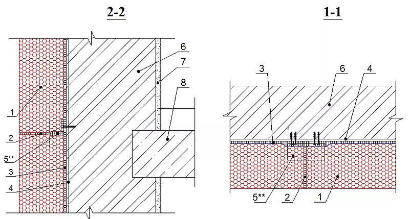 1 - блоки из пеностекла; 2 - заполнение швов герметиком; 3 - клеевой состав; 4 - праймер для клеевого состава; 5 - анкер; 6 -несущая стена; 7 - внутренняя отделка; 8 - плита перекрытия